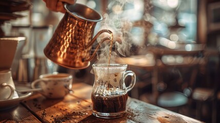Pouring Hot Coffee in a Glass Mug