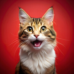 Close-up of a surprised ginger cat with open mouth against