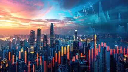 Fototapeta premium Hong Kong Financial Skyline at Sunset: A vibrant cityscape of Hong Kong illuminated by the warm glow of sunset, with a stock market graph superimposed, depicting the dynamic intersection of finance an