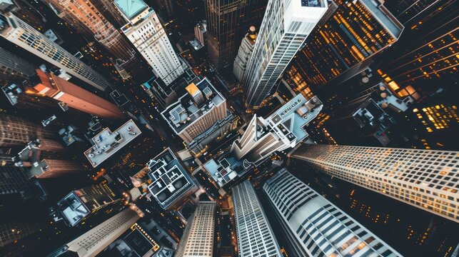 Aerial view of a bustling city center with skyscrapers and busy streets