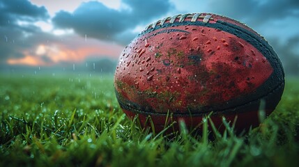 Rainy Day Football. Rugby ball on grass under dramatic sky on simple background.