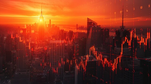 Fiery Market Sunrise: A panoramic cityscape at dawn with a fiery sky and overlaid stock market charts, depicting volatile economic trends and investment opportunities.