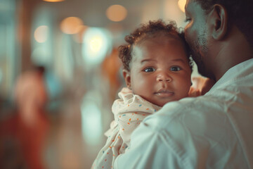 A newborn black girl in her father's arms. Generated by artificial intelligence