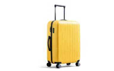 Yellow suitcase handle wheels has rectangular shape vertical big yellow travel suitcase