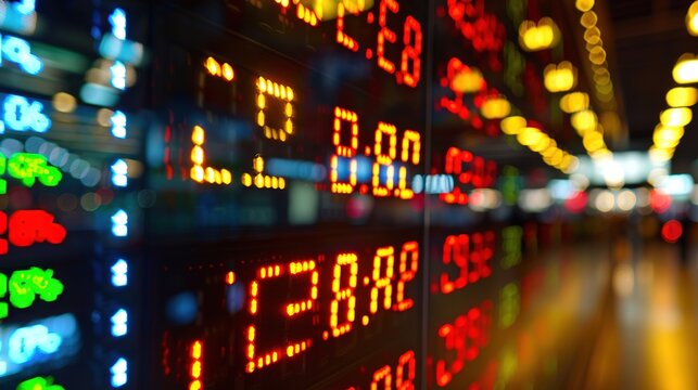 The Pulse of Finance: Stock market ticker board ablaze with vibrant data, reflecting the dynamic energy of global trading. 