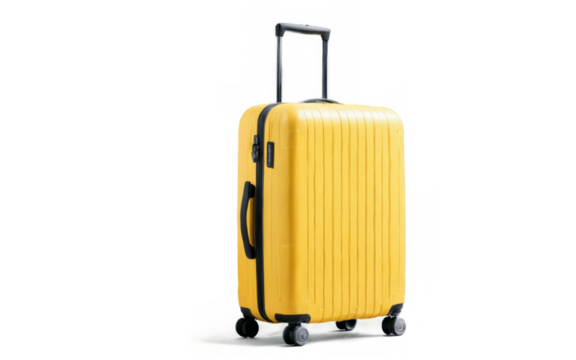 Yellow suitcase handle wheels has rectangular shape vertical big yellow travel suitcase