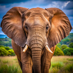 Close-up of a majestic elephant with tusks standing in the savannah, under a cloudy sky