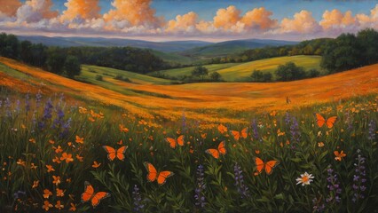 Fototapeta premium Delicate wildflowers and orange butterflies painted with oil paints