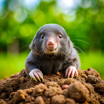Close-up of a cute mole emerging from the ground in a lush garden