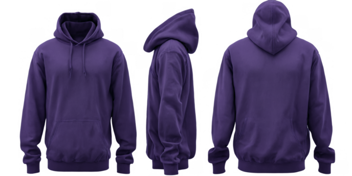 Three different views purple hoodie hoodie is shown front and back view