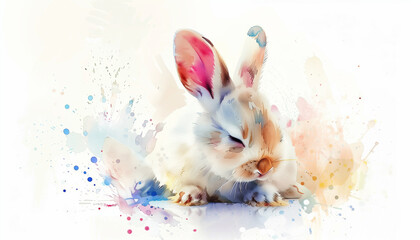 An adorable white rabbit with brown patches, sleeping peacefully among vibrant watercolor splashes on a white background.
