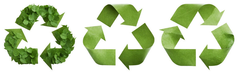 Three green recycling symbols made from folded paper green recycle symbol icon