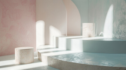 Soft pastel light filters through an architectural space with curved forms and varying levels, evoking a sense of calm and minimalistic beauty.