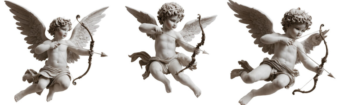 Three statues cupids different poses are mid-air their vintage romantic illustration