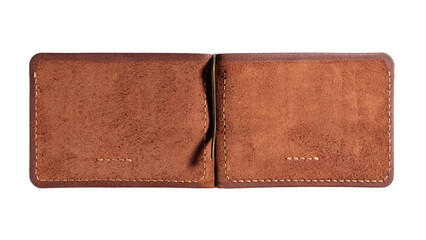 Open brown leather money clip from inside isolated on white background.
