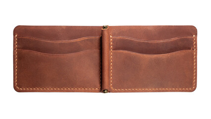 Opened brown leather money clip and cardholder isolated on white background.