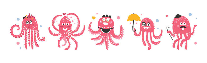 Funny Pink Octopus Character with Tentacles and Smiling Face Vector Set