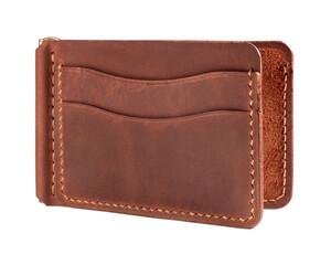 Brown leather cardholder and money clip on white background.