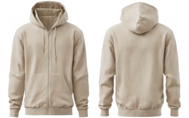 Two front back views beige hoodie hoodie has Light full-zip hoodie sweatshirt