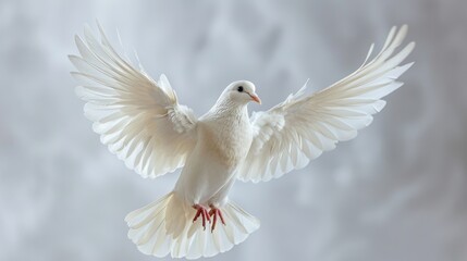Fototapeta premium Graceful white dove flies peacefully in the sky, symbolizing peace and hope. Its wings spread wide against soft clouds, evoking feelings of serenity and love