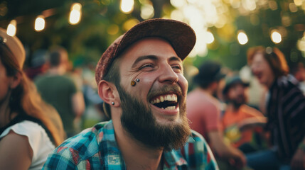 Fototapeta premium A man laughing joyfully at an outdoor festival, captured in a candid moment under warm string lights.