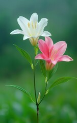 Fototapeta premium pink and white lily flower on green background