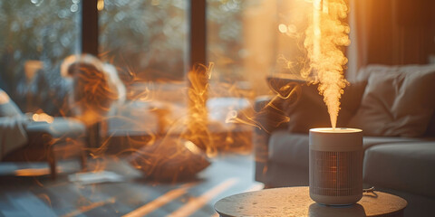 Modern humidifier releasing mist in a cozy living room at night, promoting a comfortable and healthy indoor environment.