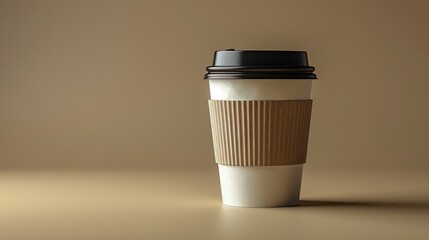 White disposable coffee cup with a brown protective sleeve standing on a brown background