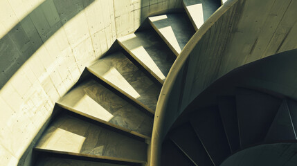 Sunlight casts angled shadows on a spiraling concrete staircase, creating an intriguing play of light and shapes.