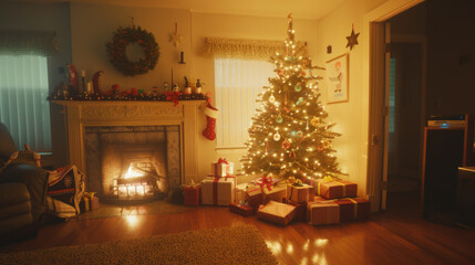 A beautifully lit Christmas tree adorned with shimmering ornaments and surrounded by multiple gifts, exuding festive warmth in a cozy living room setting.