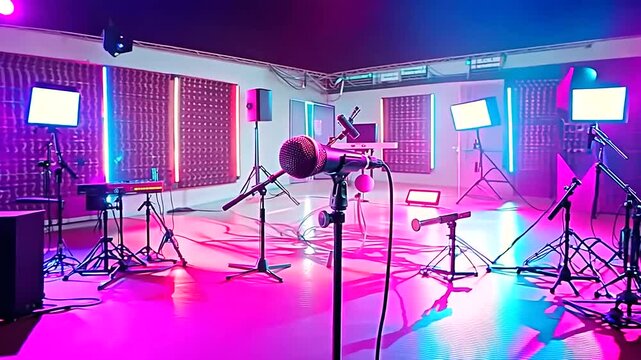 Podcast studio setup with neon lights. closeup black microphone in an empty media broadcasting and communication room