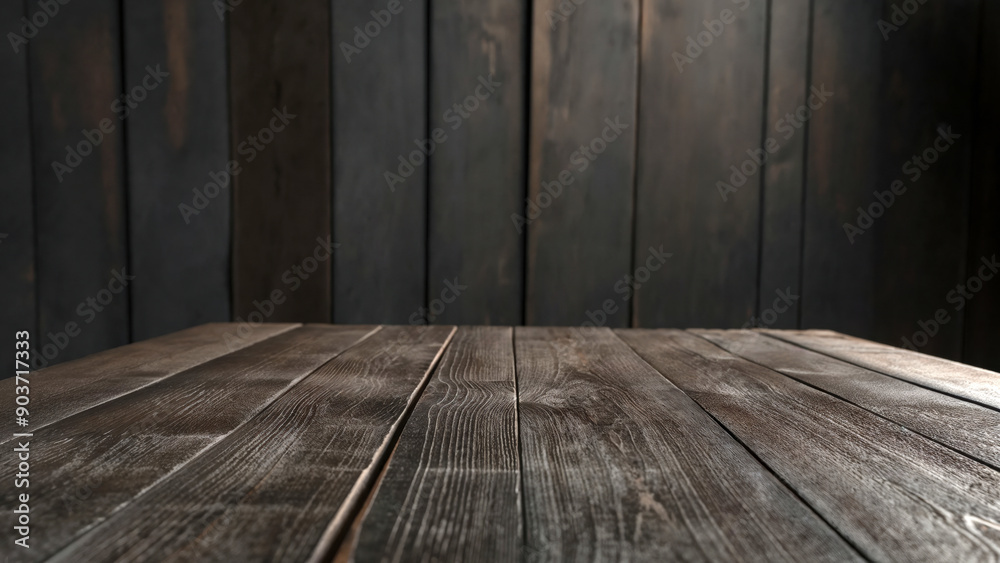 Poster empty rustic wooden tabletop with dark wall planks background for product placement