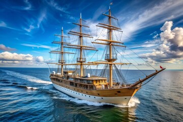 A large ship sails through the ocean with a blue sky in the background