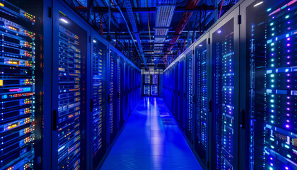 Fototapeta premium A well-lit modern data center with rows of secure server racks and vibrant blue lighting creating a futuristic atmosphere.