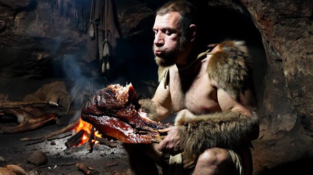 Neanderthal eating a mammoth chop by a fire