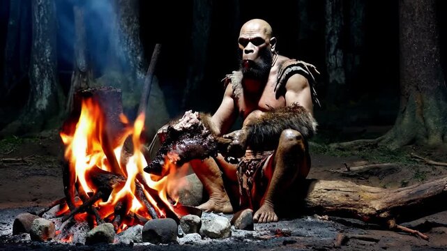 Neanderthal eating a mammoth chop by a fire