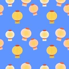 Seamless pattern round paper lantern blue background