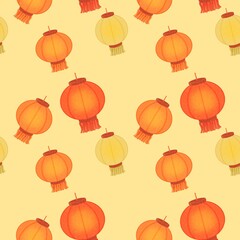 Seamless pattern round paper lantern yellow background