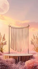 Boho Chic Wooden Podium with Pampas Grass on a blurred background