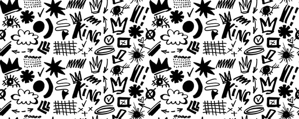 Seamless pattern of hand drawn colorful charcoal doodle shapes and squiggles in childish girly style. Pencil drawings isolated on the white. Crown, stars, flower, heart and grid doodle collage element