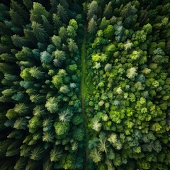 dense green forest landscape in summer with tree trunks in backlight