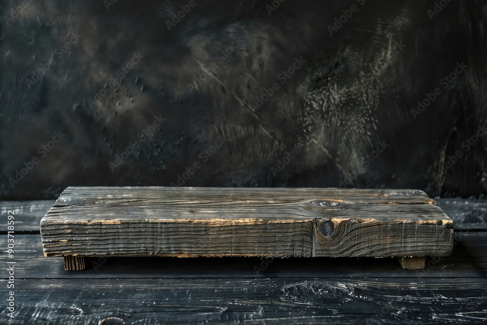 Poster Empty rustic wooden shelf standing on black background with copy space