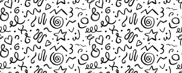 Seamless pattern charcoal graffiti doodle punk and  shapes. Hand drawn abstract scribbles and squiggles,  various shapes, pencil drawn icons. Scribbles, scrawls, stars, heart, curly lines.