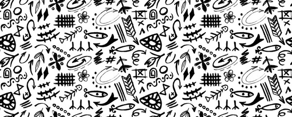 Obraz premium African art style seamless pattern. Traditional hand drawn tribal background with doodle decoration. Ethnic culture fashion print, textile, wrapping paper backdrop.