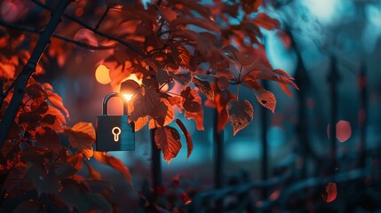 Secure Tech World at Night: Cinematic Documentary Shot with Digital Lock Icon in Autumn Tech Setting