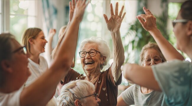 A joyful scene captures elderly women enthusiastically raising their hands in celebration. For use in healthcare, senior living advertisements, social media, and community engagement campaigns