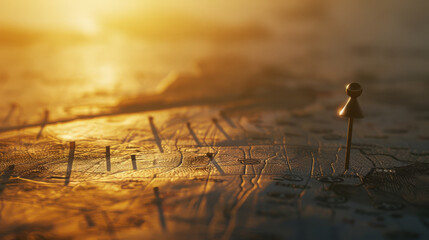 A pushpin is placed on a tactile map under golden hour lighting, emphasizing a key location marked through a warm and nostalgic lens.