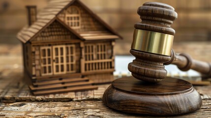 Wooden gavel and miniature house model on rustic wooden background.