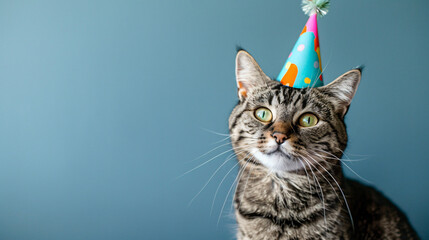 Cute and funny cat wearing birthday hat on blue background. Birthday card theme.