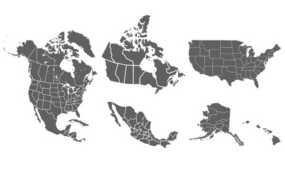 Naklejka premium North America maps set.USA, Canada and Mexico map isolated on white background. for website layouts, background, education, precise, customizable, Travel worldwide, map silhouette backdrop.